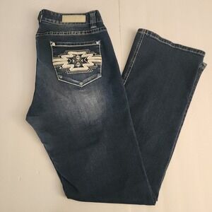 E3 Rock and Roll Cowgirl Mid Rise Bootcut Jeans Dark Wash Aztec Pocket 32x34